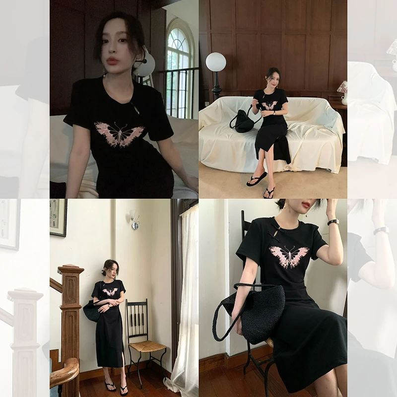 新中式蝴蝶连衣裙 重工刺绣收腰开叉显瘦T恤裙女夏QL242025