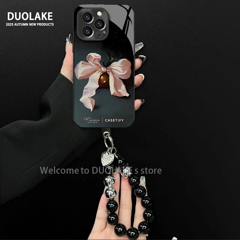 适用于苹果/oppo/华为/vivo/小米黑蝴蝶结电镀玻璃手链防摔手机壳