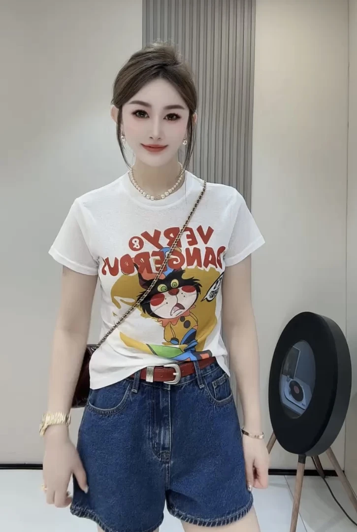 欧货时尚卡通印花短袖T恤女夏季2025新款设计感百搭减龄气质上衣