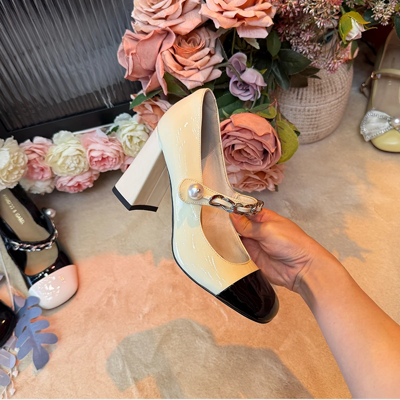 玛丽珍女鞋2025秋季新款法式高跟漆皮粗跟黑白方头浅口小香风单鞋