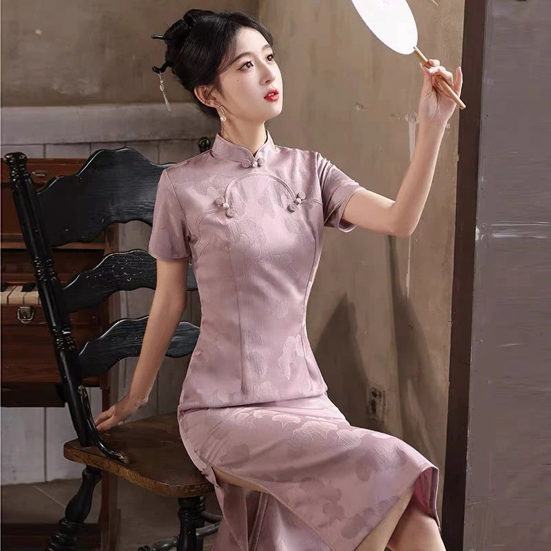 【2589 银杏叶 提花 紫色】显瘦气质修身优雅复古中国风旗袍