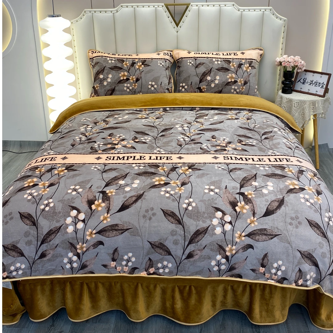 秋冬轻奢床裙加厚双面绒印花牛奶绒四件套枕套随机裁加绒