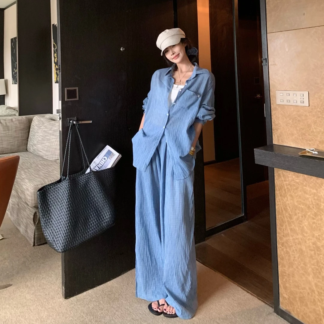 慵懒气质防晒套装薄款休闲衬衫高腰显瘦阔腿休闲裤三件套1024#