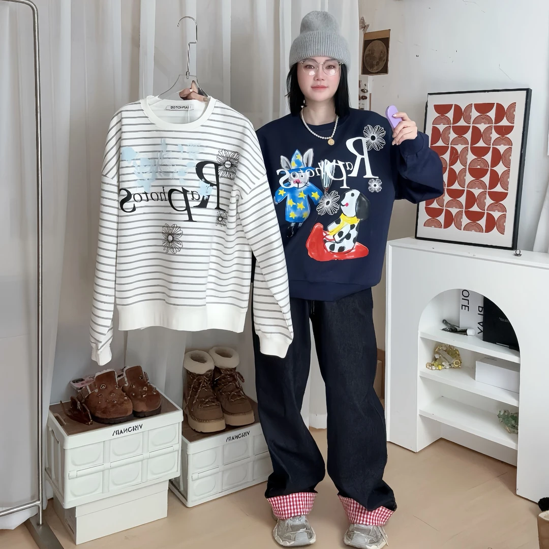 RAPHOTOS 2024AW新品转圈圈蝴蝶结星星印花彩点长袖T恤