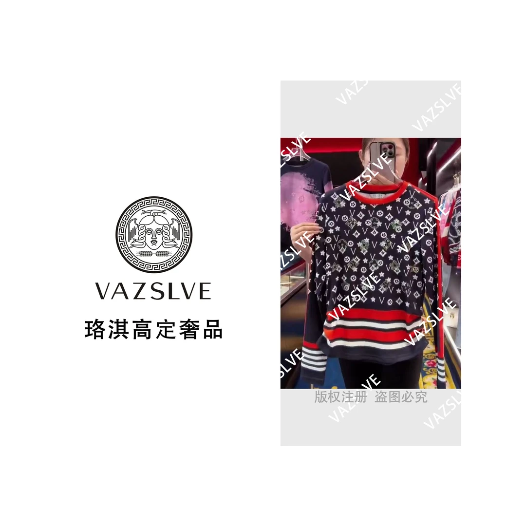 【VAZSLVE/珞淇高定】烫钻轻奢长袖t恤女休闲时尚撞色百搭上衣9270