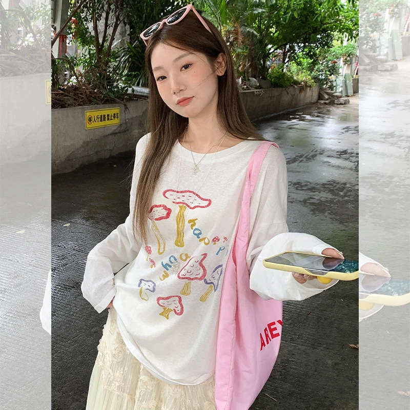 情侣装夏季女款女士短袖T恤爆款白色涂鸦印花防晒女士中领打底T恤