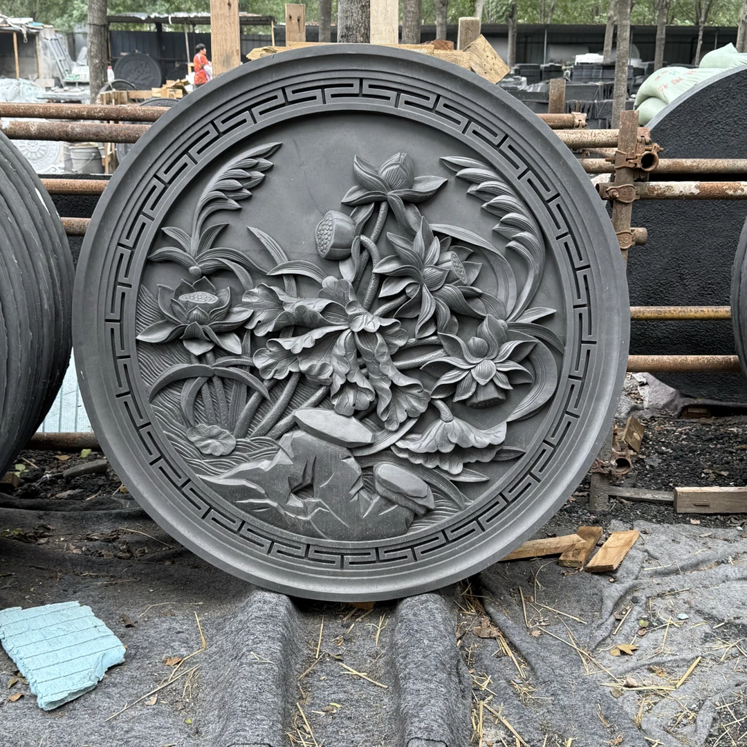 连年有余砖雕圆形影壁墙中式古建庭院迎门装饰浮雕挂件