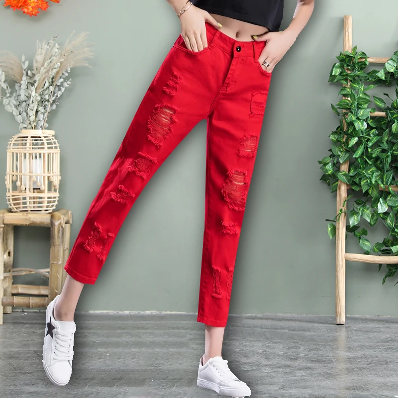 红色牛仔裤女士直筒秋季新款破洞高腰显瘦大码九分裤哈伦女款裤子