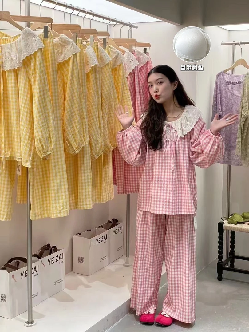 可爱蕾丝花边娃娃领睡衣女款春秋季带胸垫长袖云朵棉家居服套装