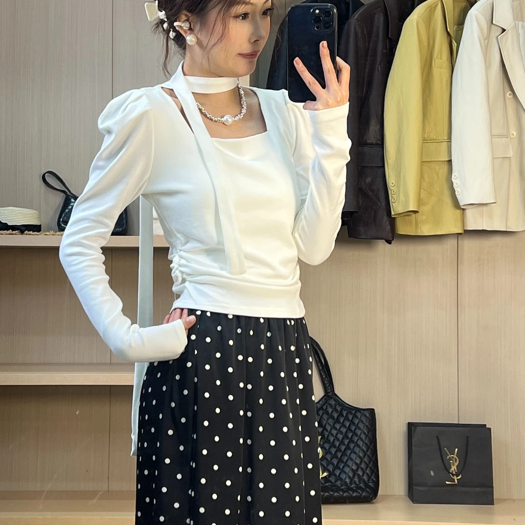 韩国东大门秋季新款设计感小众洋气T恤飘带方领显瘦气质时尚修身