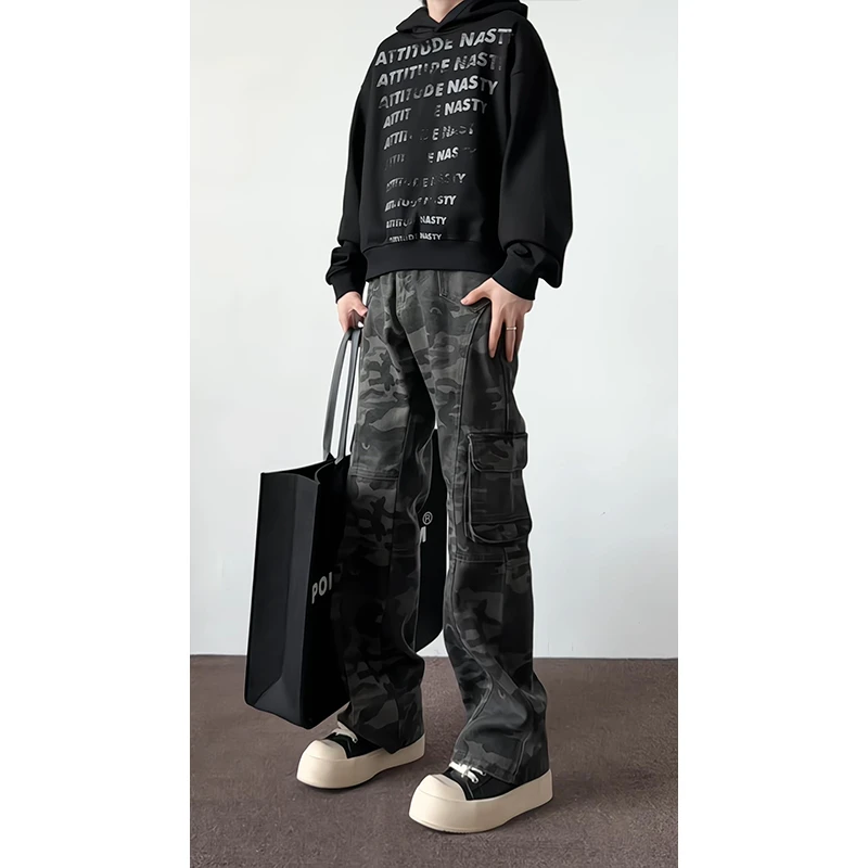 美式复古伐木迷彩工装裤vintage牛仔裤vibe多口袋直筒裤子长裤