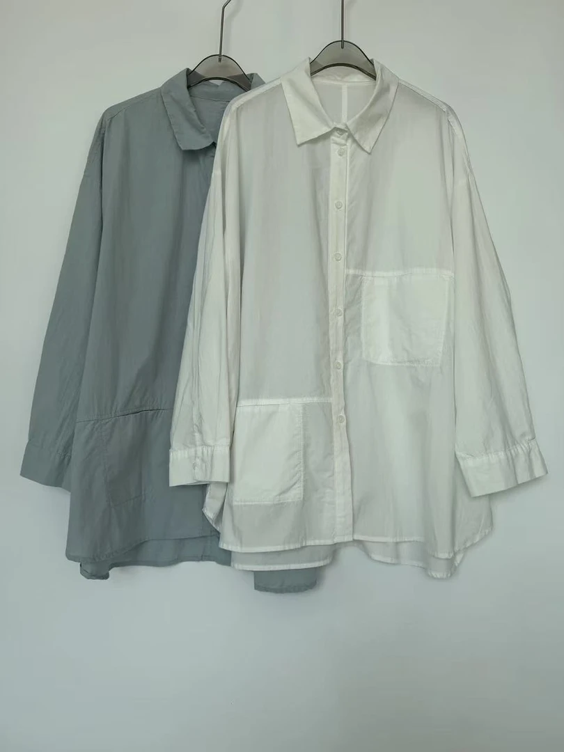 日系轻薄立领翻领纯色大口袋宽松衬衫女衬衣