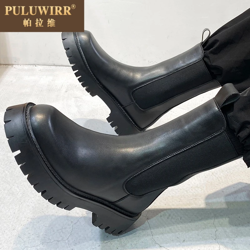切尔西靴男英伦风高筒烟筒皮靴子男士夏季透气皮高筒机车马丁靴