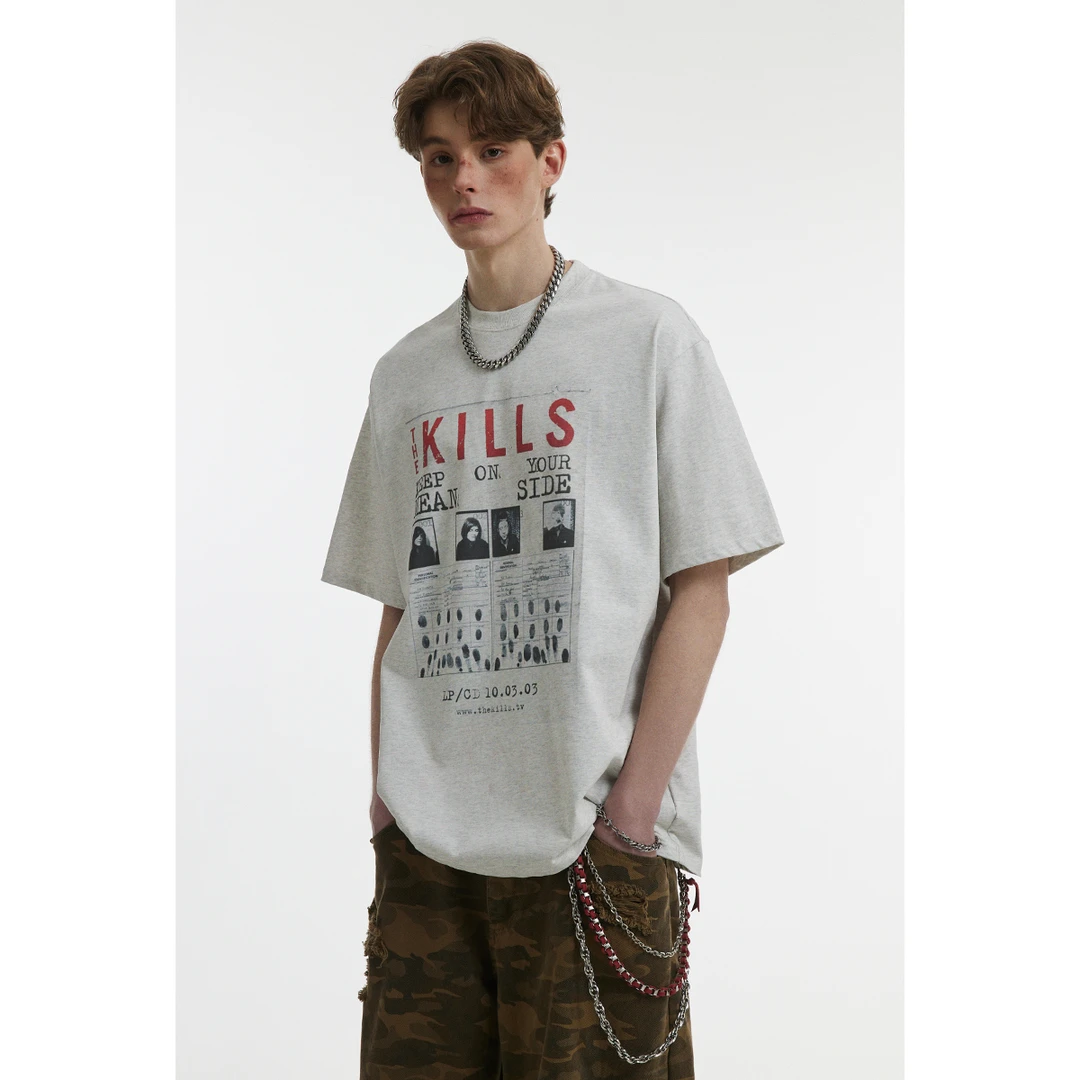 男道美式复古字母印花T恤设计感做旧短袖男女宽松情侣嘻哈上衣潮