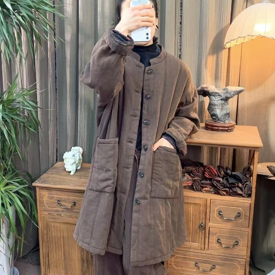 那年 2457加厚夹棉纯亚麻长袍（衣长95）宽松中长款棉衣