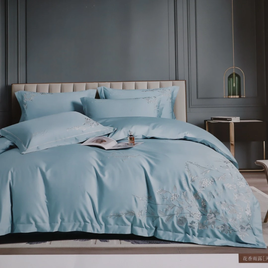 花香雨露-天蓝-四件套刺绣款轻奢酒店简约纯色绣花丝滑