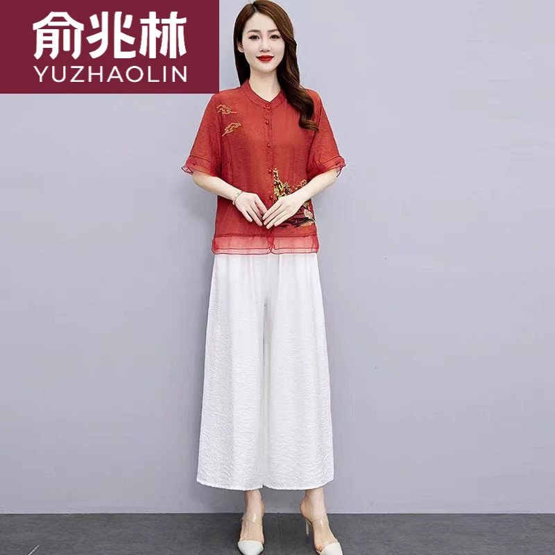 亚麻风格舒适优雅女士夏季新款洋气妈妈套装高端透气