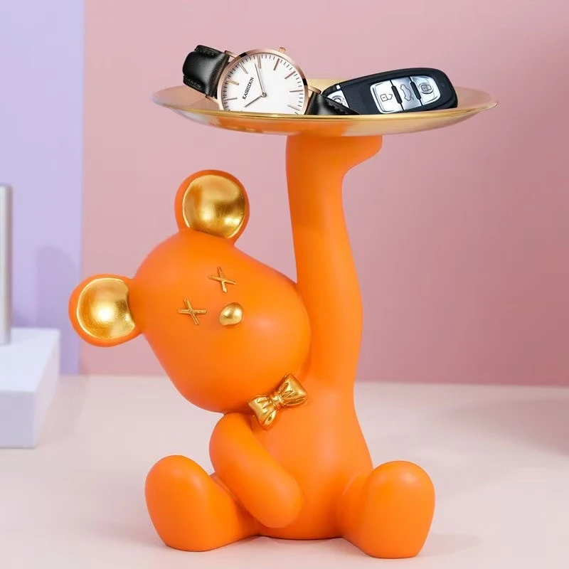 创意托盘熊玄关摆件客厅创意装饰钥匙收纳功能乔迁新居礼品