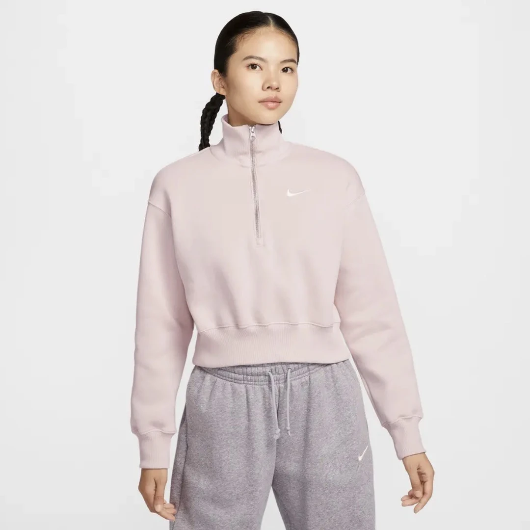 NIKE耐克女NSW PHNXCROP立领针织暖感毛绒套头衫DQ5768-667