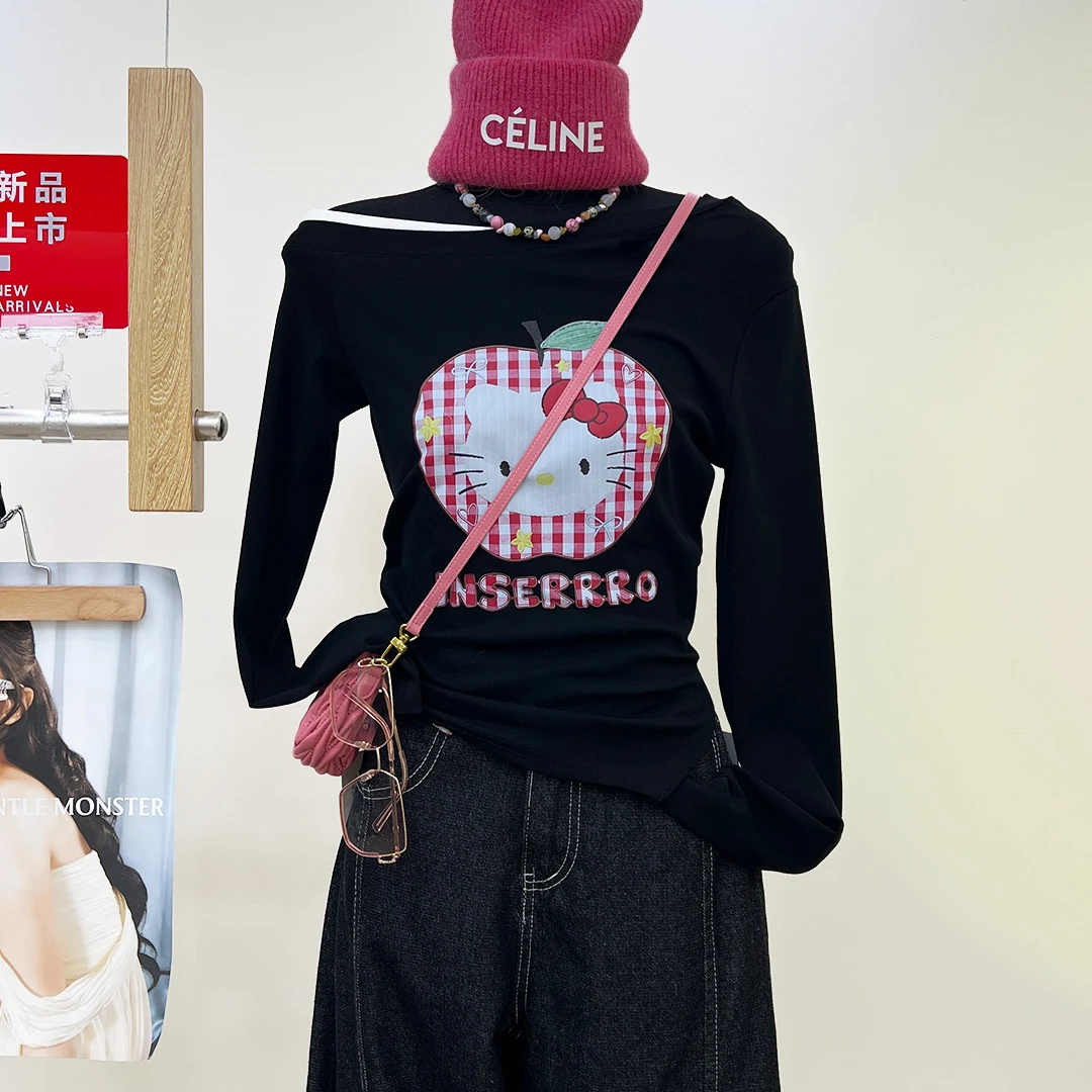 斜肩长袖t恤女爆款今日穿搭秋季宽松时尚格子苹果印花百搭上衣ins