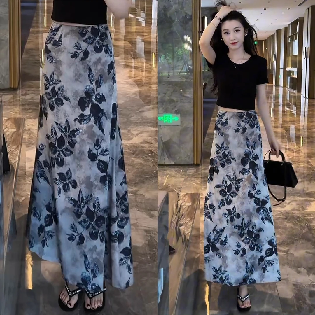 碎花裙子半身裙2025新款垂坠感a字裙梨型身材遮胯长裙高腰伞裙夏