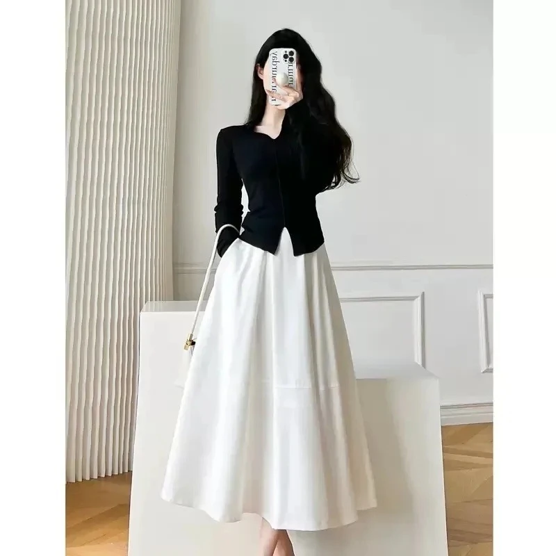 2025早秋新款赫本风长袖针织衫高级气质洋气高腰垂感白色半身裙两