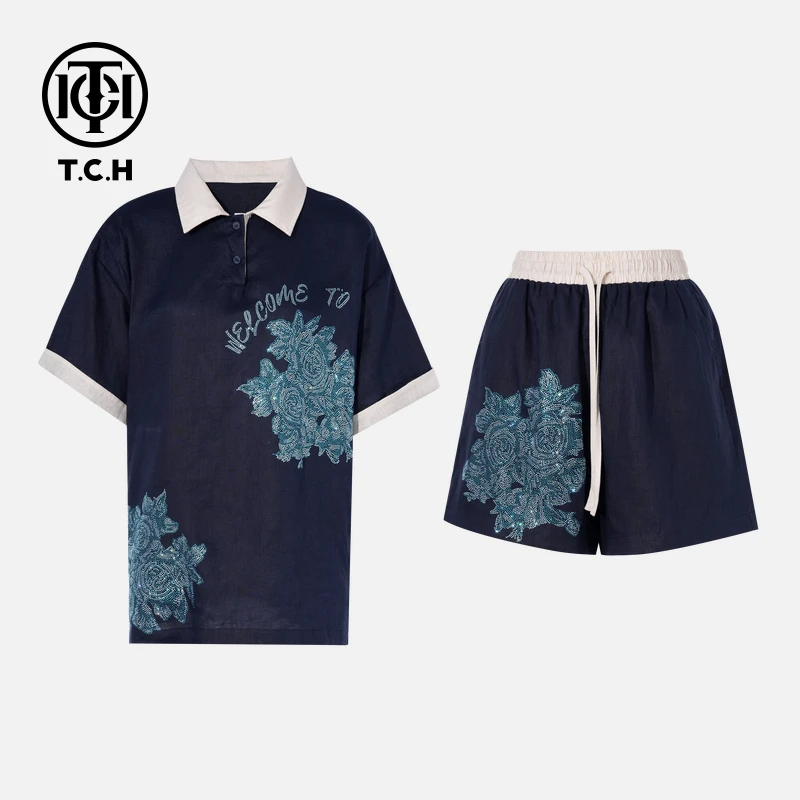 TCH-轻奢夏款上新潮流烫钻时尚气质藏青亚麻套装T75B07E1007