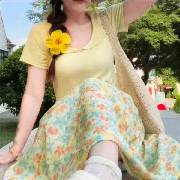 大码女装300斤胖MM青春减龄娃娃领短袖上衣碎花半身裙套装66997