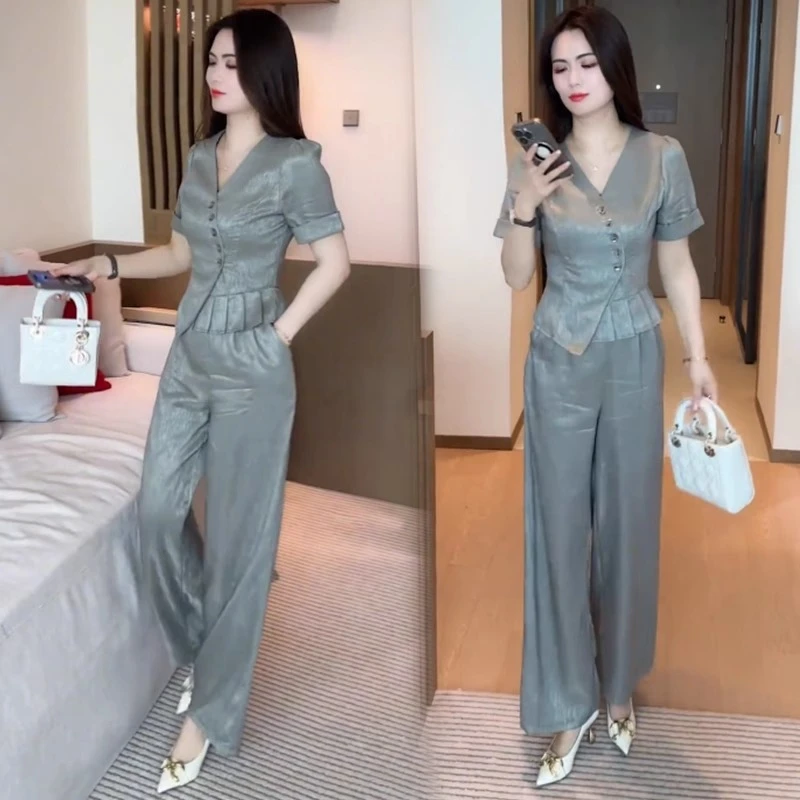 时尚套装女2025夏季新款新中式气质小个子短袖上衣阔腿裤两件套潮