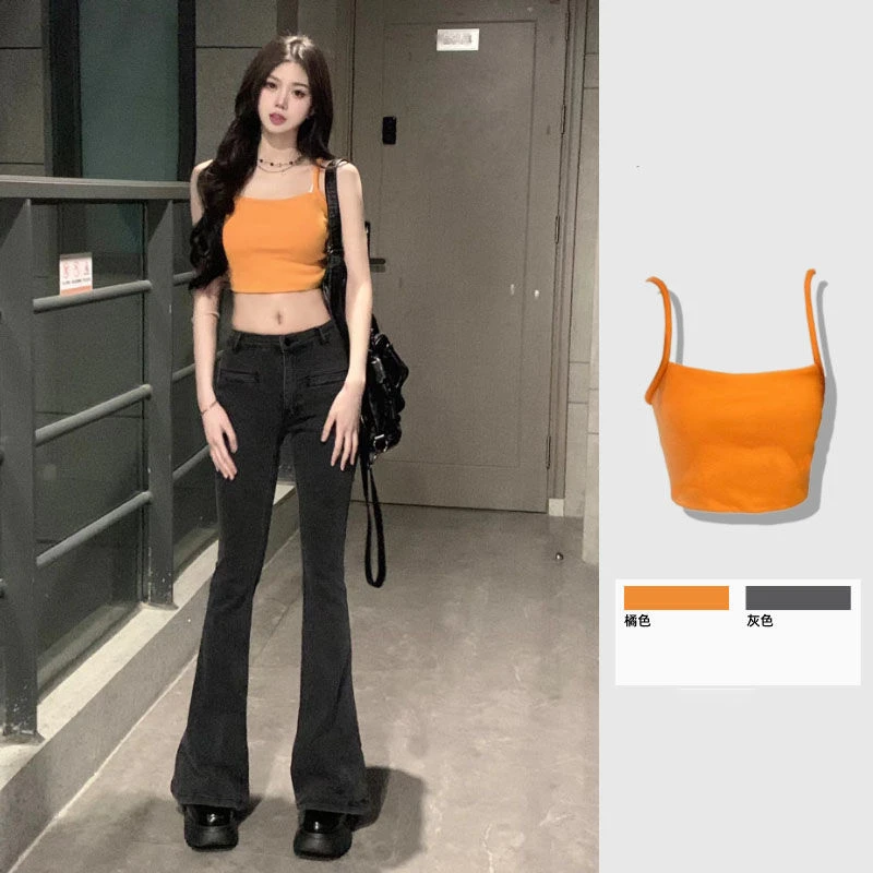 橙色黑色吊带小背心女2025夏季新款外穿设计感小众内搭无袖上衣
