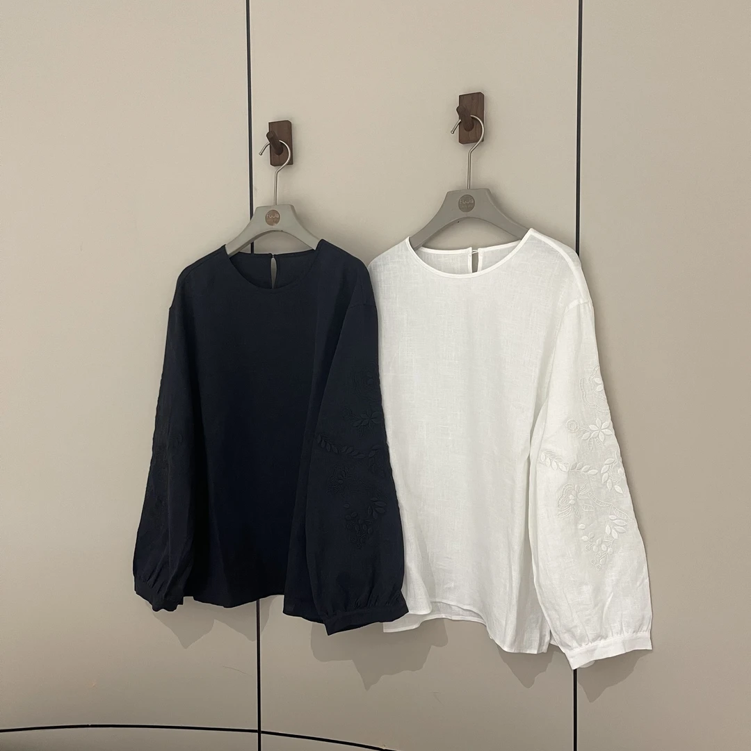 FUJIA STYLE新款纯色韩版气质刺绣圆领长袖上衣A8360