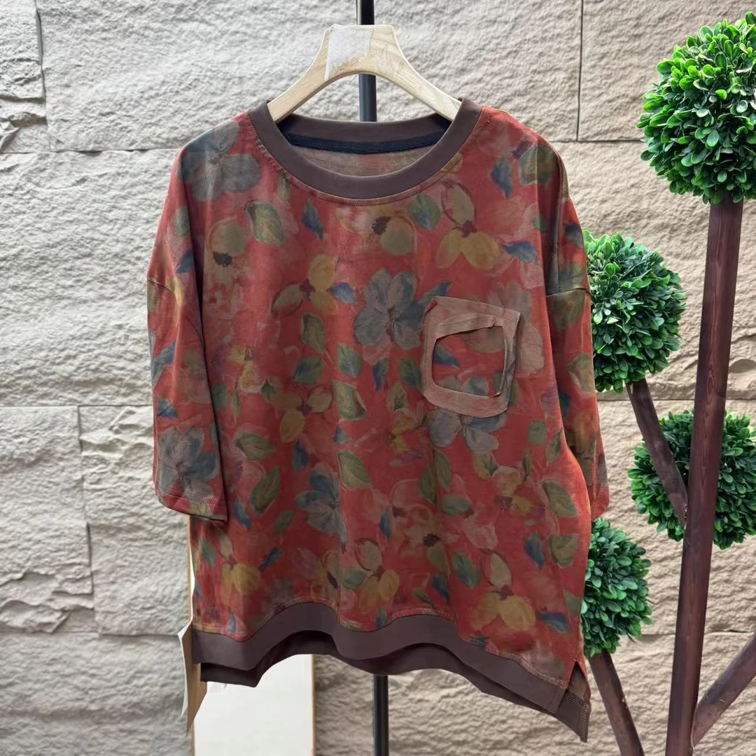 13896新款夏季休闲减龄宽松印花遮肉T恤