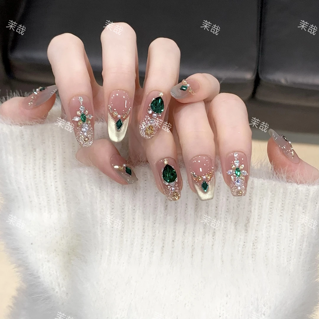 茉哉现货ll【祖母翡翠】纯手工定制美甲拆卸穿戴甲A4104