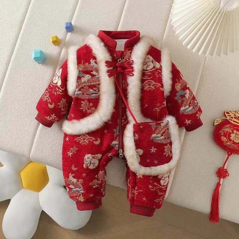 婴儿衣服冬装中国宝宝连体衣周岁冬季加厚满月喜庆外出拜年过年