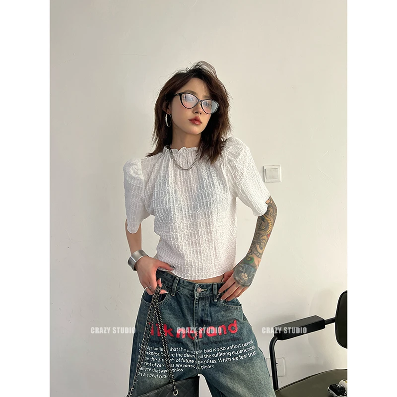 夏季法式辣妹露腰上衣肌理感褶皱泡泡短袖娃娃衫花苞T恤女夏