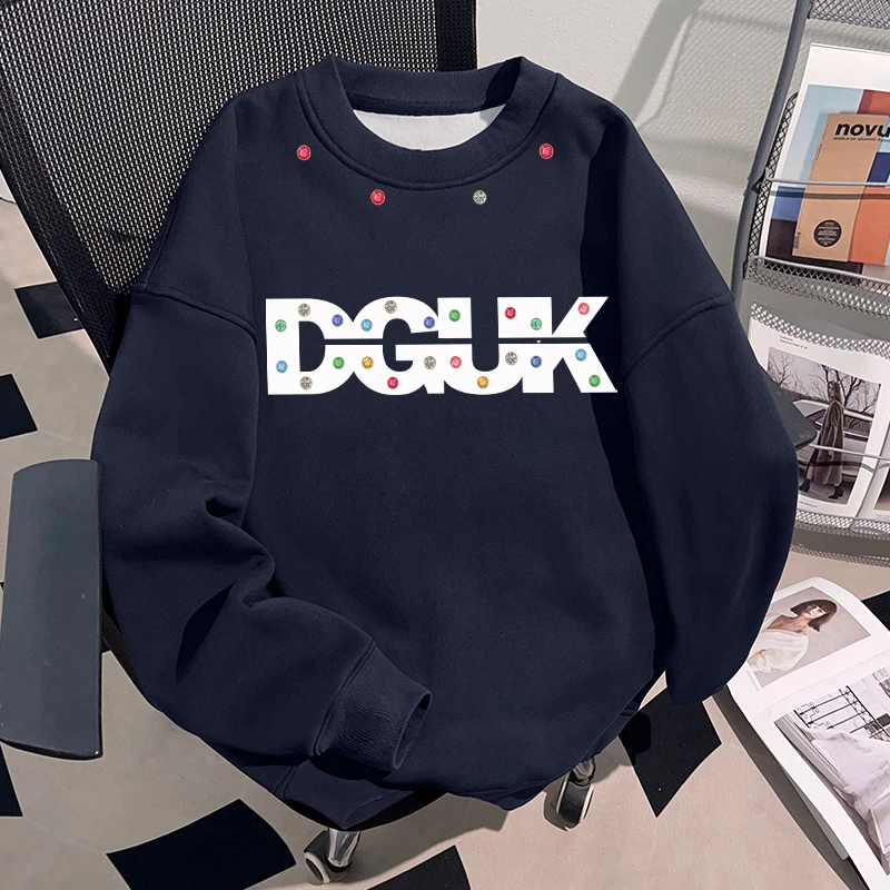 Dekkry原创钉珠字母印花秋冬藏青色套头圆领卫衣男女加绒百搭上衣
