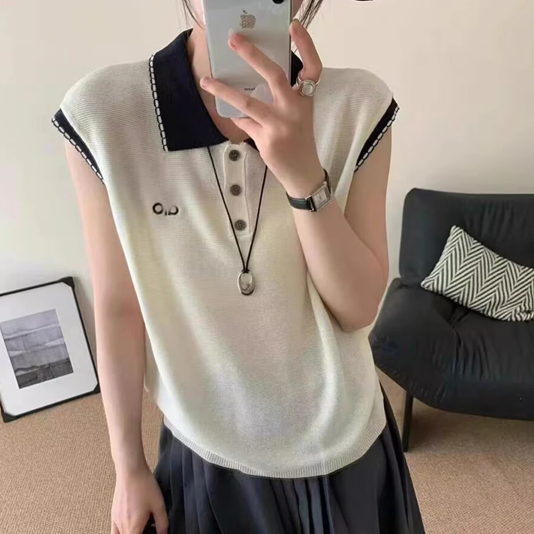 法式撞色POLO领冰丝针织衫女短袖夏季新款刺绣字母宽松小飞袖
