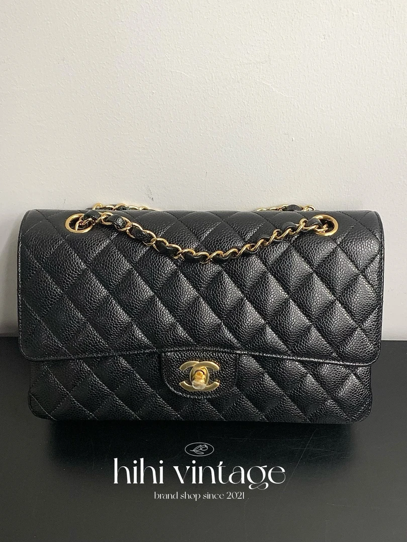 99新 Chanel/香奈儿 黑金荔枝纹中号CF斜挎包 25开/13267354