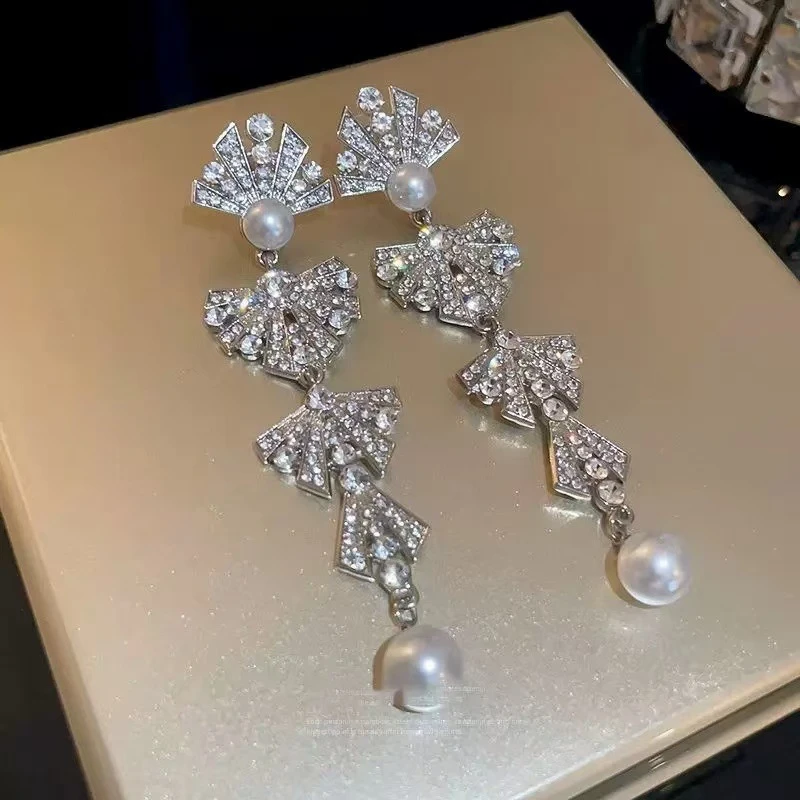 铜合金锆石耳饰 镶扇形流苏长款耳坠时尚气质耳环女新款潮爆款耳