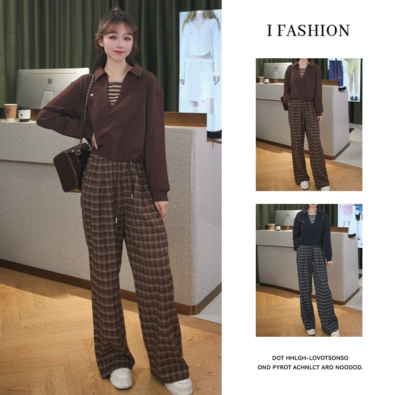 文艺复古套装女士2025年秋季新款宽松显瘦上衣撞色阔腿裤两件套潮