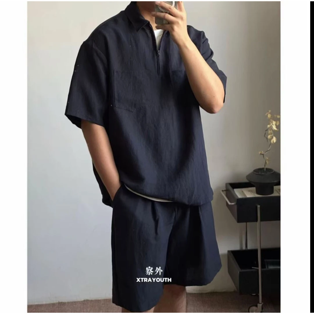 察外XY 【天丝亚麻polo】天丝亚麻polo短袖半拉链衬衫T恤短裤套装