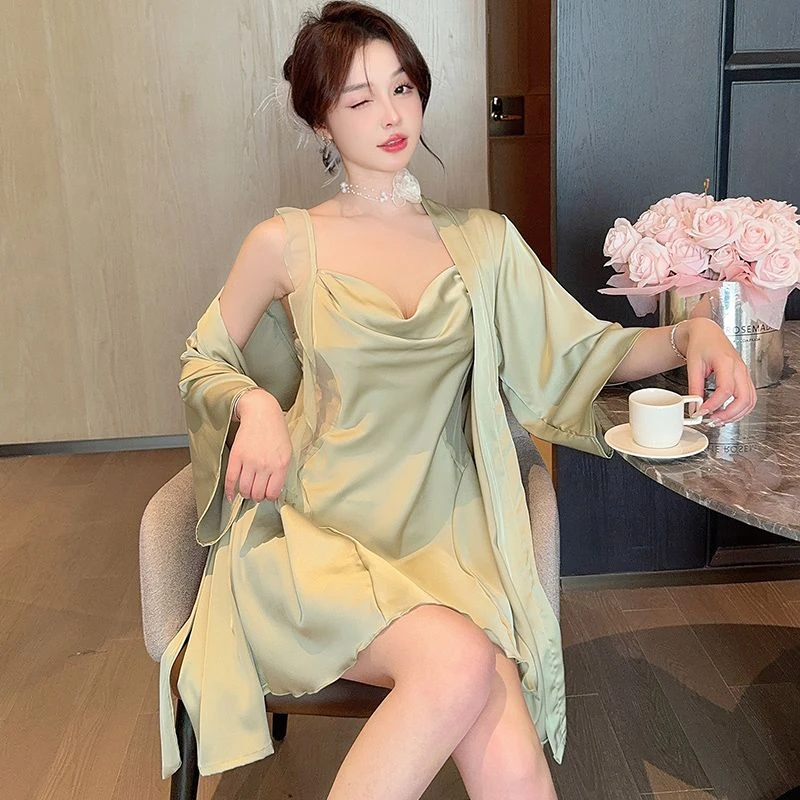 2025夏季薄款新款女士带胸垫吊带睡裙蕾丝性感冰丝两件套睡衣