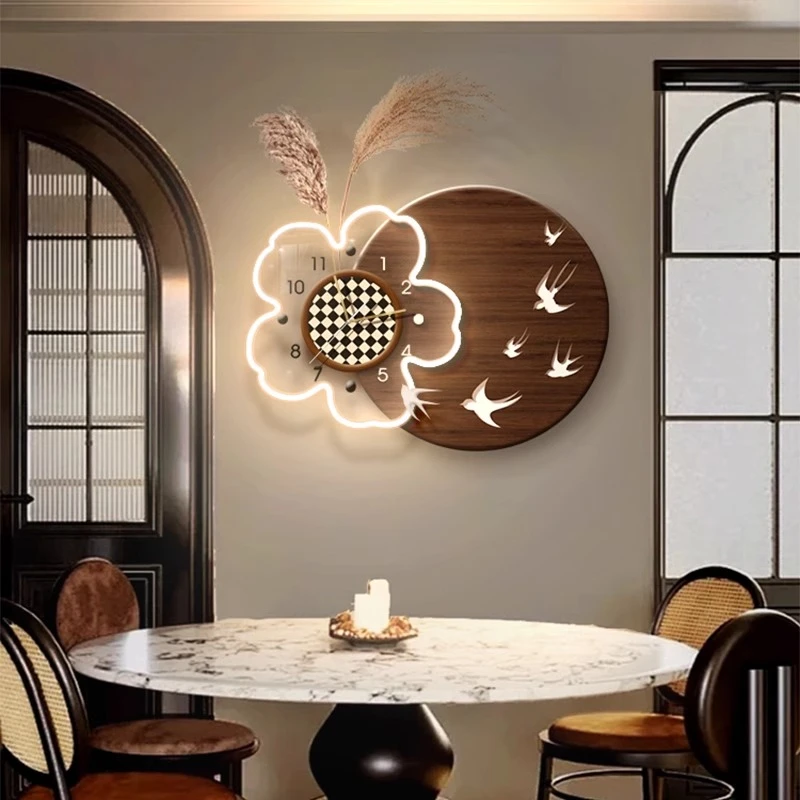 中古风餐厅钟表装饰画饭厅钟表画法式复古客厅实物挂钟壁画