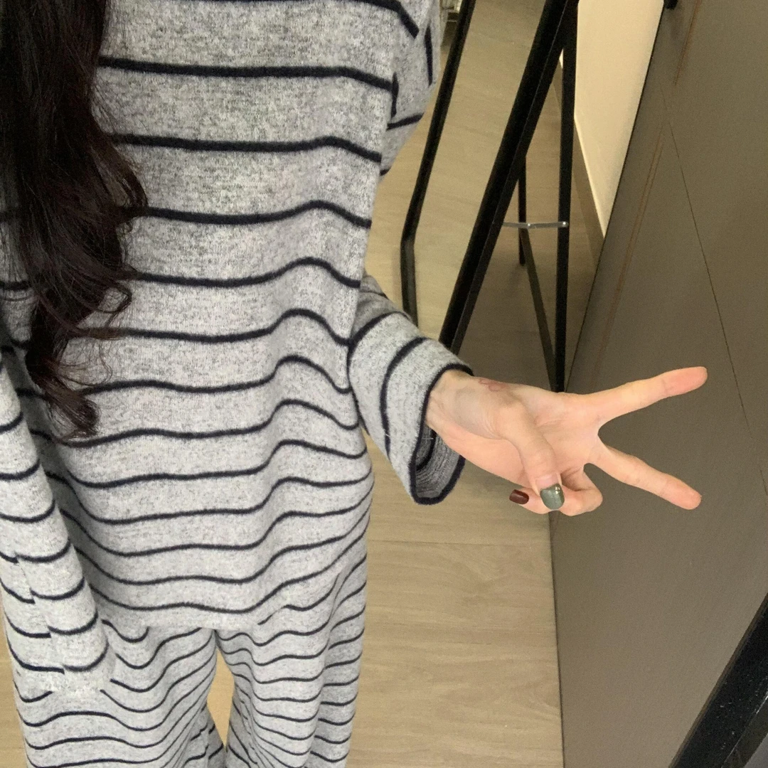 韩系条纹设计感德绒睡衣女款秋季大码舒适加厚家居服套装可外穿