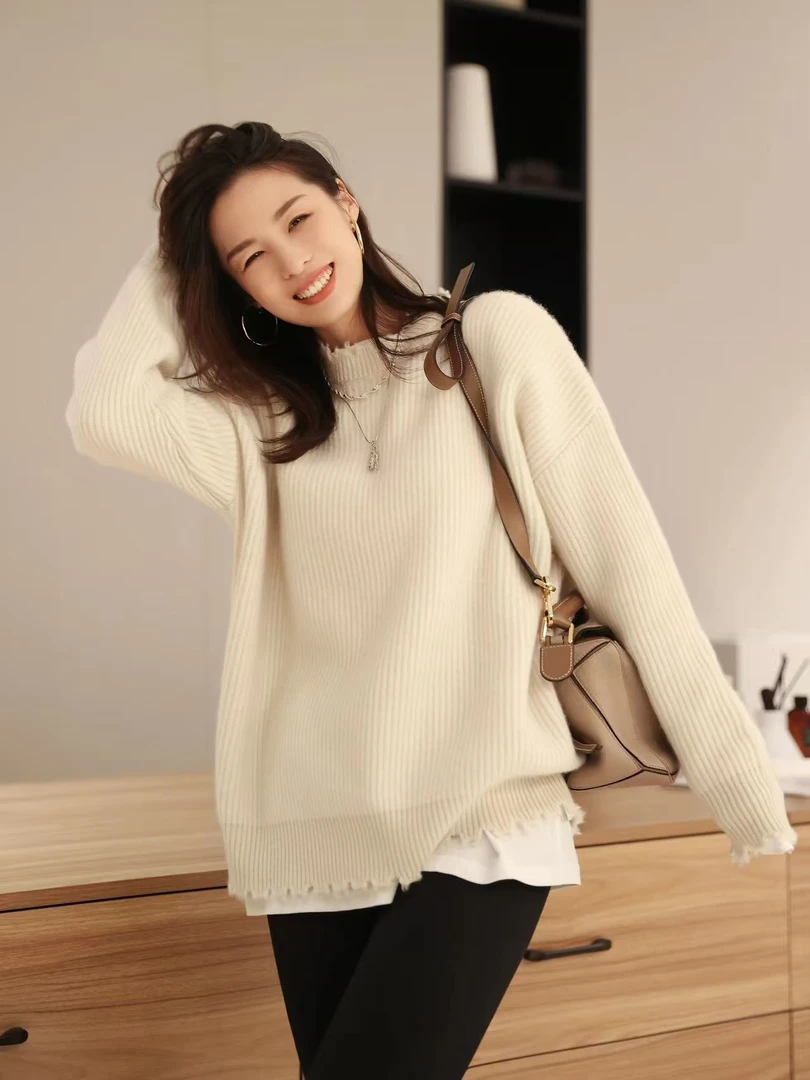 秋冬新款套头纯色宽松女韩版针织衫长袖圆领短款厚款宽松针织外套