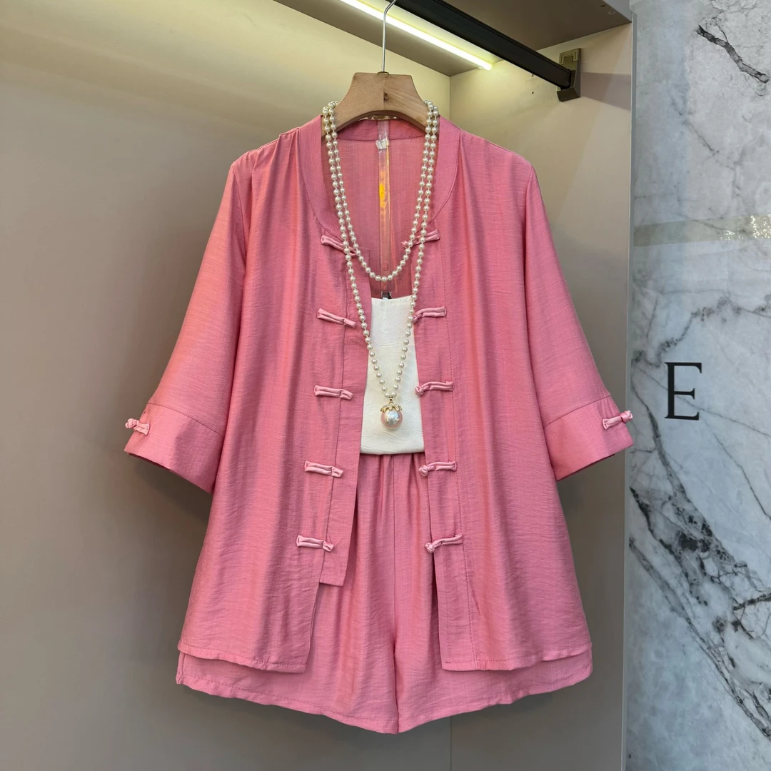 2025新中式国风轻薄防晒中盘扣净版领上衣+短裤老钱风两件套2513