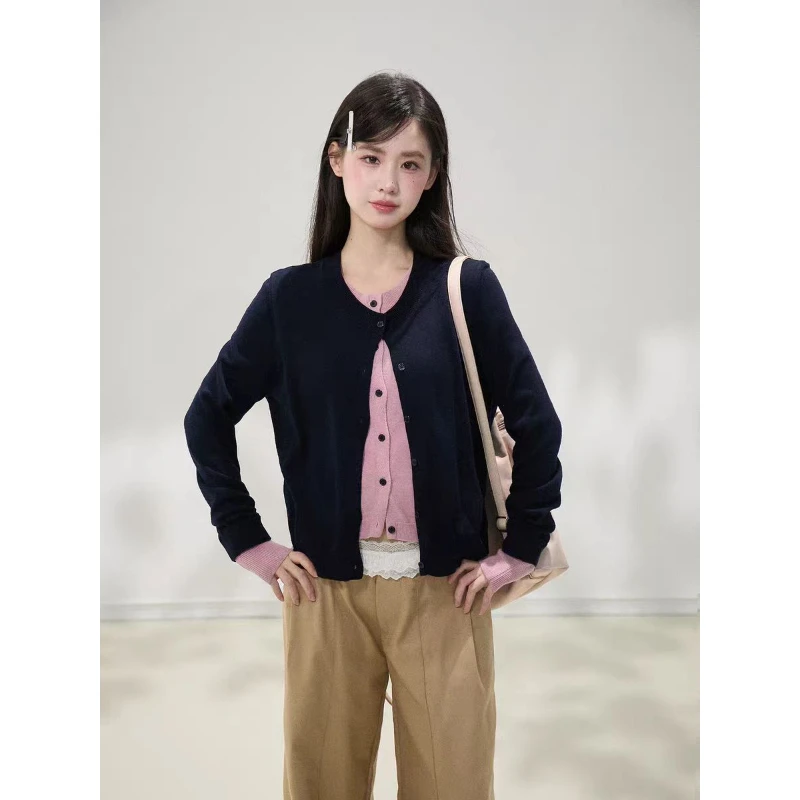 【毛毛专属】假两件撞色排扣针织开衫
