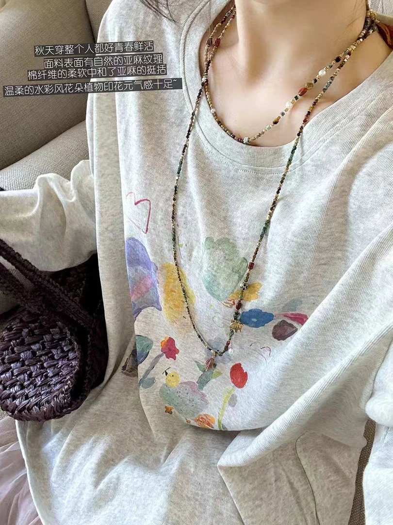纯棉花朵植物印花圆领宽松休闲百搭2025年秋冬新款长袖T恤女上衣