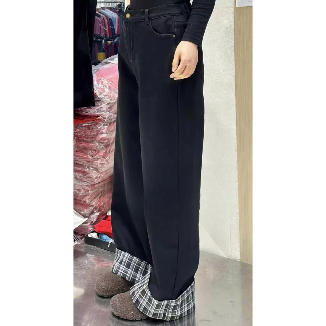 妮妮家6601冬季新款加绒加厚翻边格纹直筒牛仔裤