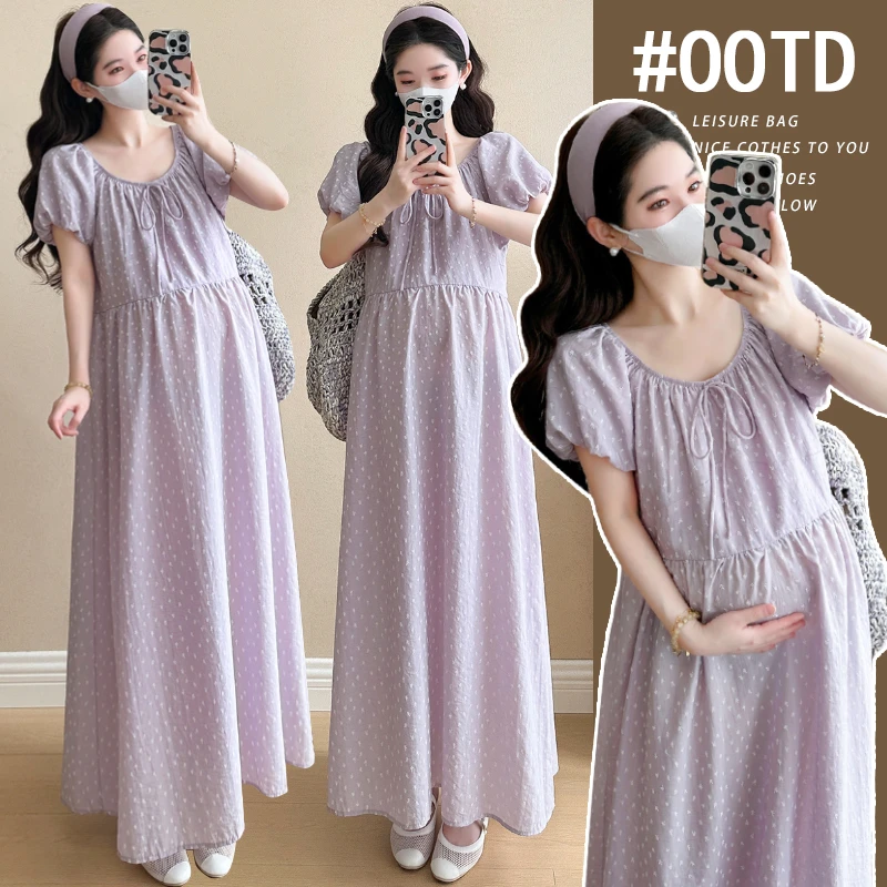 【枫丽】2025夏季新款孕妇法式长款碎花连衣裙蝴蝶结系带短袖裙子